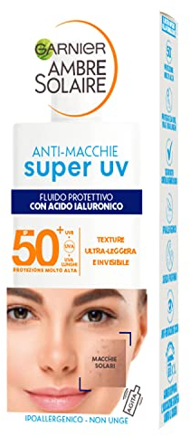 Garnier Siero Viso Protettivo Anti-Macchie Super UV, Per Pelli Sensibili, Protezione SPF 50+, Ad Assorbimento Rapido, Con Acido Ialuronico e Vitamina E, Ambre Solaire, 40 ml