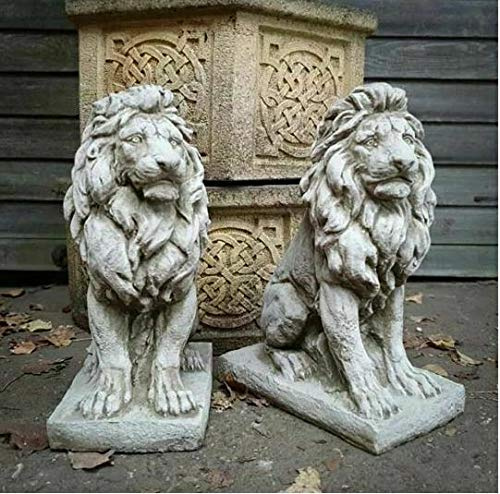 Coppia di statue a forma di leone, in pietra, per ambienti esterni, stile classico, decorazione e ornamento da giardino