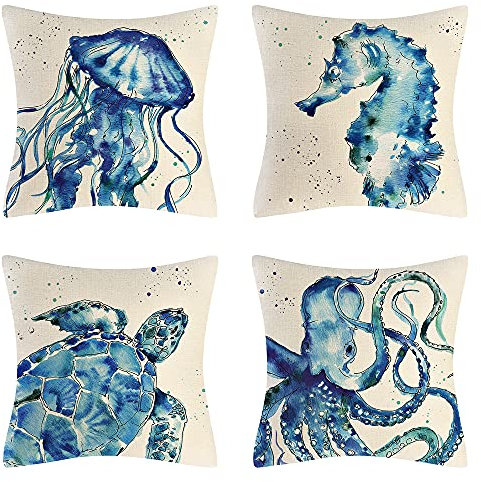 Ocean Beach Throw Pillow Covers Set of 4 Turtle Crab Seahorse Fish Decorative Sea Coastal Theme Decor Cushion Square Pillowcase 45x45cm Beach Pillows for Patio Couch Sofa,Marine Animals (2)