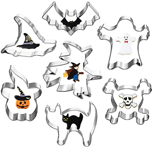 Fantasyon 7Pcs Stainless Steel Halloween Cookie Cutters | Pumpkin ghost bat cat witch hat skull shapes, baking molds for cookie fondant, holiday party baking supplies