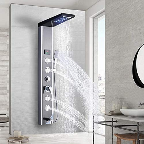 LED Duschpaneel mit 5 Funktionen, Einhebelmischer und 1 Regler, aus rostfreiem Edelstahl mit Temperaturanzeige und 4 runden Massagedüsen Farbe: Chrom-Orb