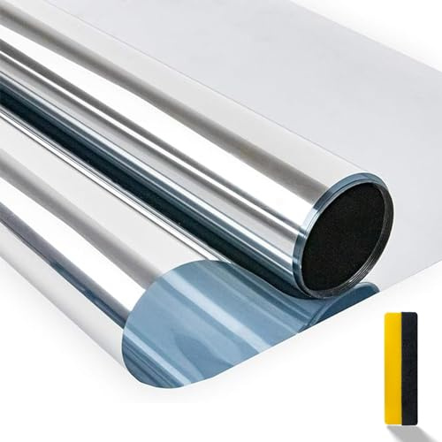 Zindoo Spiegelfolie Fensterfolie von innen durchsichtig von aussen Blickdicht 60 x 400 cm Sonnenschutzfolie Selbsthaftend UV-Schutz Fensterfolie Silber
