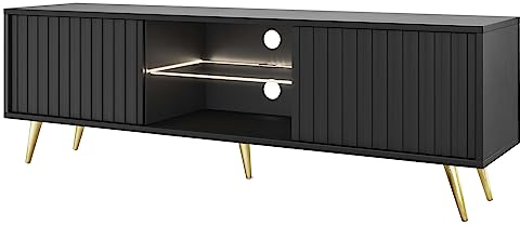 Selsey TV Schrank Board Sideboard Fernsehtisch Fernsehschrank Mit Lamellen 135 cm Goldene Beine Schwarz Bello