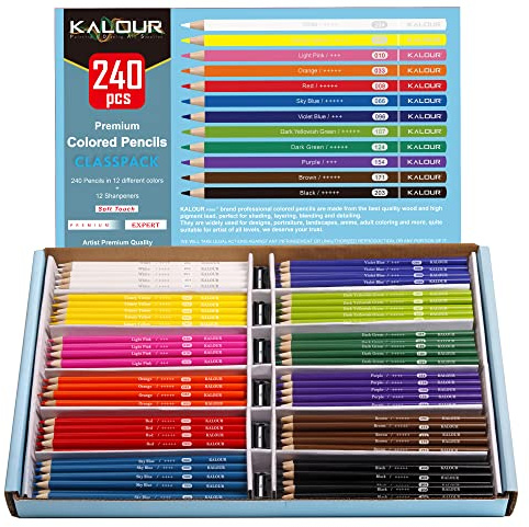 KALOUR Premium Buntstifte,12 verschiedene lebendige Farben, insgesamt 240 Stifte, vorgespitzte Künstler-Buntstifte für Erwachsene Ausmalmalbücher.