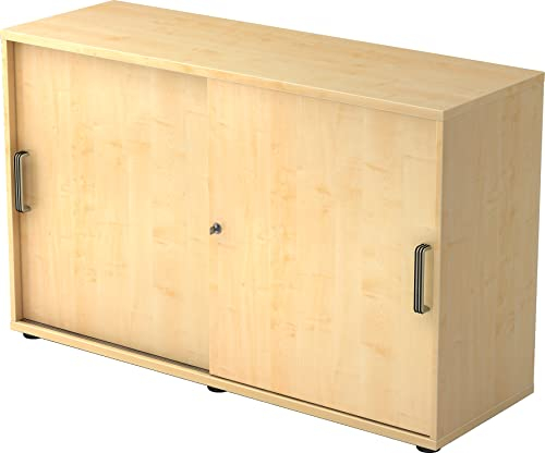 bümö Schiebetürenschrank 2OH - Aktenschrank abschließbar, Sideboard Schrank mit Schiebetüren in Ahorn, Streifengriff - Büroschrank aus Holz mit Schiebetür, Büro Kommode für Ordner & Co.