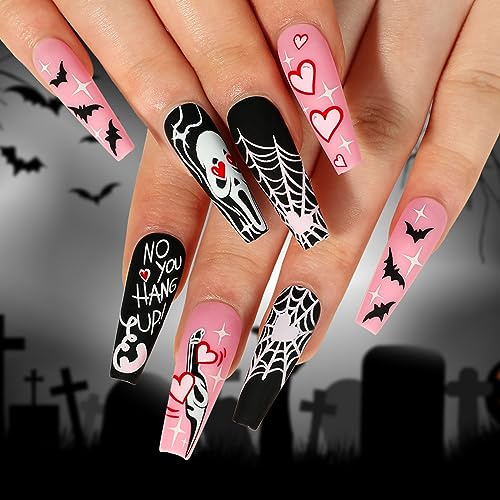 Yatinkim 24stück Halloween Press on Nägel Lang - Sarg Falsche Schwarzer Rosa Acryl Aufkleben für Frauen - Totenkopf Spinnennetz Matte Maniküre Cosplay