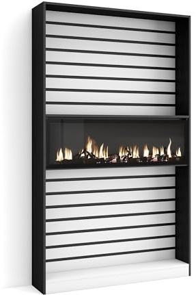 SKRAUT HOME | Bücherregal Bibliothek | Bookshelf, Bookcase | 110x186x25cm | Wohnzimmer, Esszimmer, Büro | Elektrokamin. Maße | Moderner Stil | Weiß und Schwarz