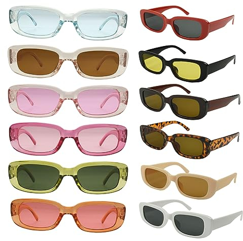 Kikuo 12Pcs Vintage Rechteckige Sonnenbrille, Sonnenbrille Damen Vintage Sonnenbrilles Damen Uv400 Brille Schutz für Frauen Männer, Outdoor-Aktivitäten, Sommer, Fahren (Zufällige Farbe)
