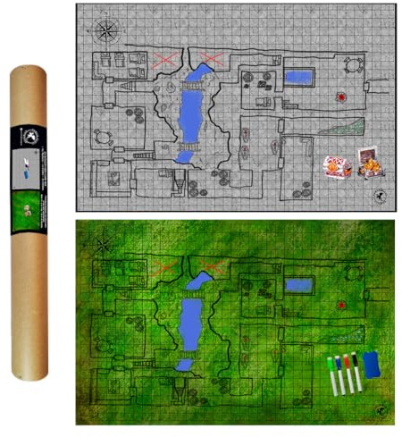 POWER BEAST Dungeon 2X Grid Game Mat + 4 Marker und Radiergummi + 2 Schatztruhen, Role Playing Game Board, Brettspiele Accesorie, D&D, Kriegsspiele, Pathfinder, Dungeons and Dragons, DND, RPG.