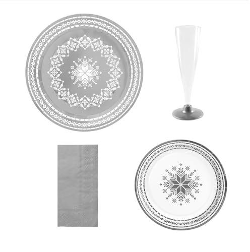 Kit vaisselle en carton avec décoration de Noël pour 6 personnes - Pack Noël pour 6 personnes (Bordé Argent)