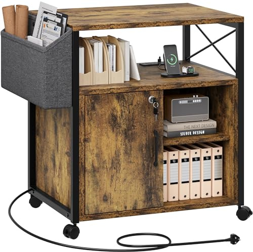 YITAHOME Wooden Printer Stand With Power Outlets, Industrial Storage Cabinet, Print Stand Filing Cabinets with Key, Wooden Sideboard with Open Shelf, Brown