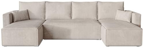 BROMARKT Ecksofa mit Schlaffunktion Sofa Cord Eckcouch mit Bettkasten Wohnzimmer Möbel U Form Couch dreisitzer Kissen groß 305x145x74 cm Schlafsofa Wohnlandschaft TOP U Creme