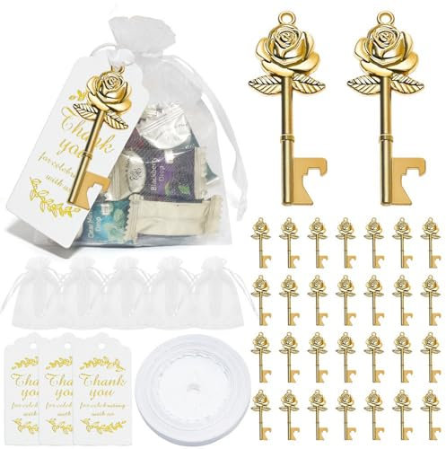 Apribottiglie con Chiave a Corona da 30 Pezzi, Chiavi a Corona per Regali Souvenir per Feste di Anniversario di Compleanno per Ospiti con Sacchetto in Organza Portachiavi e (d'oro)