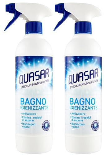 Quasar Detergente BAGNO Igienizzante Spray, Anticalcare, Elimina i Residui Di Sapone, Risciacquo Veloce 580ml (2 Spray)