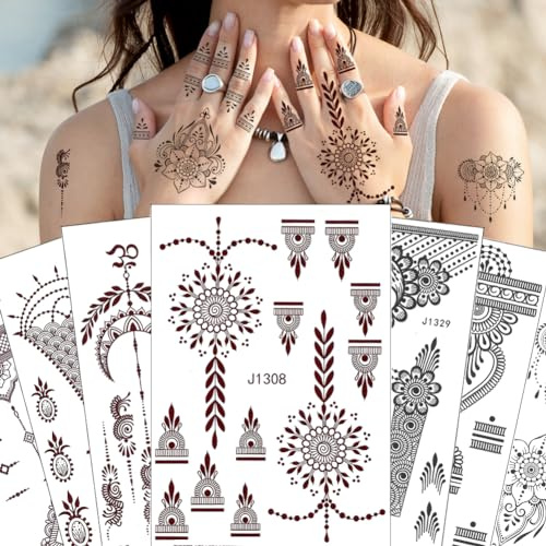 XMASIR 12 Blätter Mehndi 2024 Braun Tattoos Aufkleber Temporäre Tattoos Set Wasserfest Fake Tattoo Aufkleber für Hand Arm Erwachsene Frauen Mädchen
