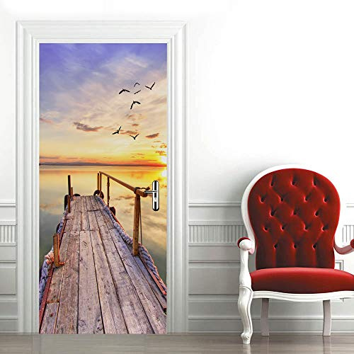 Trompe l'oeil Adesivi per Porte Carta Parati Porta Sticker Murale Poster per Porte Interne Autoadesiva Impermeabile Fotomurali Wallpaper Decorazione 80x210 cm Paesaggio Del Ponte Di Legno E Del Mare