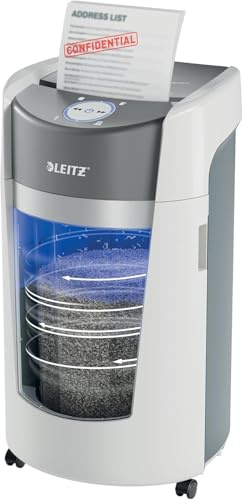 Leitz IQ OptiMax Office 550 P5 Micro-Cut Paper Shredder, Unique Bin Rotation Technology, 33% More Bin Capacity, 550 x A4 Sheets In Bin (35L), Shreds 12-10 Sheets (70-80 gsm), 120-Minute Run Time