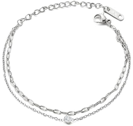 Kim Johanson® Edelstahl Damen Armband *Giulia* in Silber, Gold & Roségold | Multi Layer Armkette mit einem Zirkonia | Wasserfest | Boho Schmuck für Frauen | Verstellbare Länge