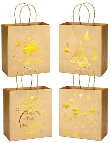 LIHAO 8× Geschenktüten Weihnachten Golde Weihnachtstüten Papiertüten mit Henkel Geschenktaschen Kraftpapier weihnachtliche Geschenkverpackung - Weihnachtsbaum und Kugelmuster (A)