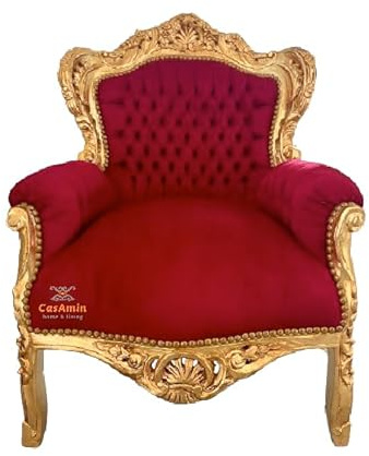 CasAmin Home & Living Fauteuil rouge style baroque rococo Louis XV en velours bordeaux et finition dorée pour la décoration intérieure
