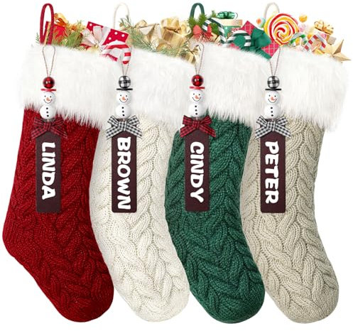 SOMYTING 4 Calcetines de Navidad de Punto de Lana con Muñeco de Nieve Etiquetas de Nombre Calcetines de Navidad Decoración de Navidad Decoración de Navidad Regalos para Niños