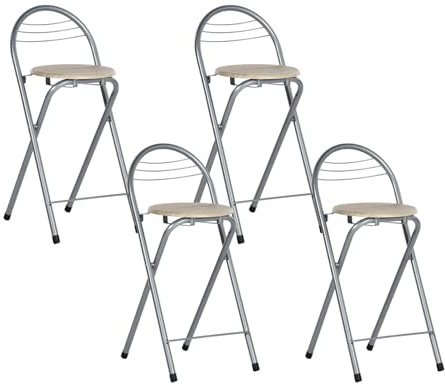 GOKHOMX Barhocker Klappbar 4er Set, Klappbarer Barhocker mit Lehne Faltbar Klapphocker Tragbarer Hocker Klappbar für Bar Küche Balkon oder Outdoor, Sitzhöhe 61 cm, Eiche und Silber