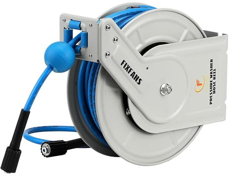 FIXFANS Avvolgitubo con tubo flessibile per idropulitrice, avvolgitubo retrattile da 1/4 × 60 piedi, avvolgitubo resistente con riavvolgimento automatico, montaggio a parete, 3600 PSI