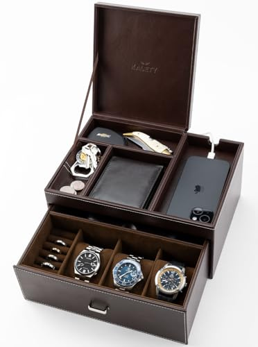 KALETY Mens Jewelry Box Organizer & Dresser Valet Tray - Premium Nightstand Station for Watches, Rings, and Accessories - Mens Dresser Top Organizer with Multiple Compartments and Soft Lining (Brown)