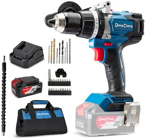 Dong Cheng 20V Brushless Hammer Drill, 1062 in-lbs, 1/2 Keyless Metal Chuck, 24+1+1 Clutch, Cordless Hammer Drill with 4.0Ah Battery Kit for Drilling Brick Wall, Metal, Wood