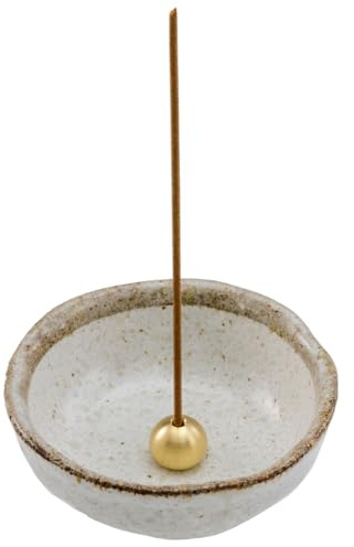 Asayu Japan Mini Räucherstäbchen Halter für Stäbchen 8.3cm, Traditioneller Made in Japan Keramik-Aschefänger & Abnehmbarer Messingständer Set (Perlen Weiß)