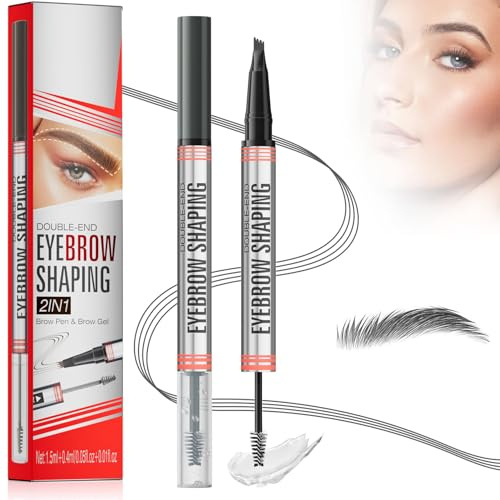 Augenbrauenstift mit Gel, 2025 Neu 2-in-1 Microblading Augenbrauenstift Augenbrauengel mit 4 Gabelspitzen, 3D Mikro Brow Pen Sealing Brow Gel Wasserfester Magischer Eyebrow Pencil (03#-Grau)