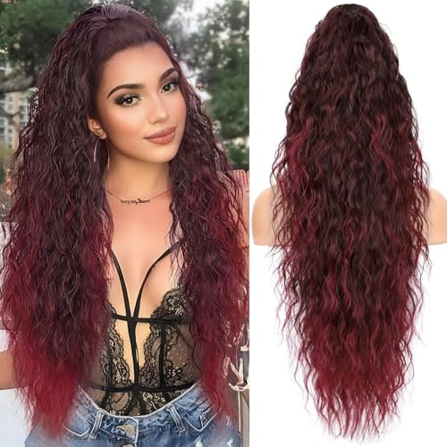 PORSMEER Damen Pferdeschwanz mit Klammer, Lange Wellig Lockig Haarteil Zopf Haarverlängerung Claw Clip in Haarteil Ponytail für Frauen 75cm (Burgund Ombre)