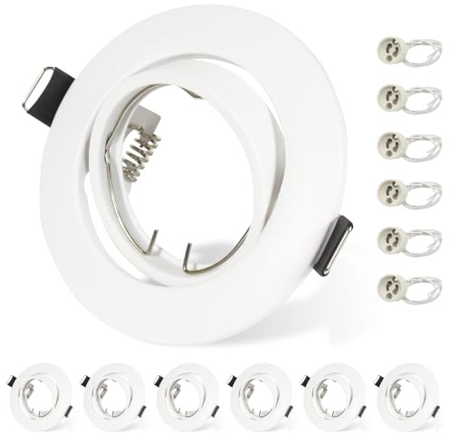 Allesgute 6X GU10 Downlights for Ceilings White 360° Swivel Cutout Ø68-85mm | Recessed Ceiling Lights Mounting Frame Round Matte White GU10 Light Fitting with Lampholders, Cutout: 68-85mm, No Bulbs