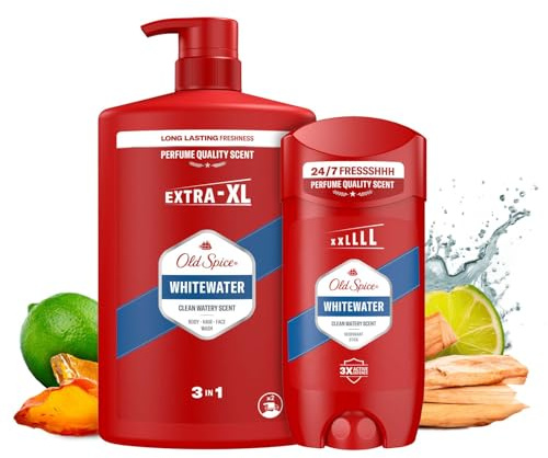 Bundle of Old Spice Whitewater Men’s Shower Gel 1000ml, 3-in-1 Body-Hair-Face Wash, Perfume Quality Scent + Whitewater Men's Deodorant Stick 85ml, Long Lasting Perfume Quality Scent, Odour Protection
