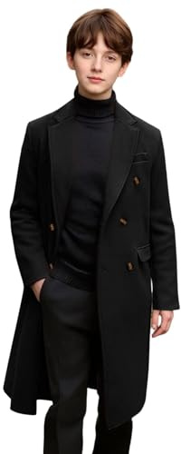 duxyoz Boys Double Breasted Pea Coat Wool Trench Coat Long Winter Peacoat Notch Lapel Collar Business Casual Formal Mid-Length Jacket Classic School Dress Coats Windbreaker Overcoat 5-14 Years