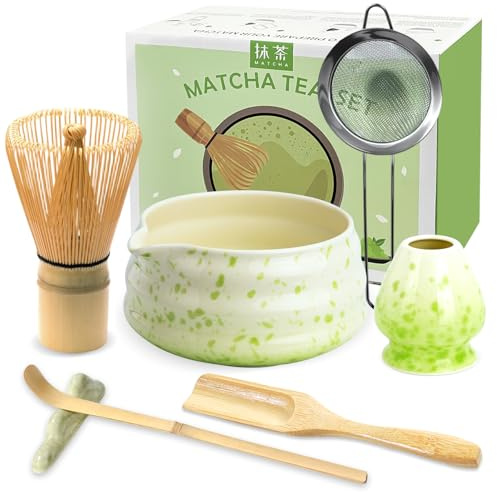 JBER Matcha Kit 7 Piezas - Kit Té Matcha de Ceremonia Japonesa con Tazón con Pico, Batidor de Bambú Chasen y Accesorios Completos, el Juego de Matcha Perfecto para Amantes del Té Matcha, Verde Beige