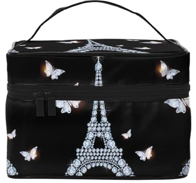 Eiffel Tower Cosmetic Bag with Handle-Large-Capacity Layered Travel Storage Bag Cosmetic Box with Zipper
