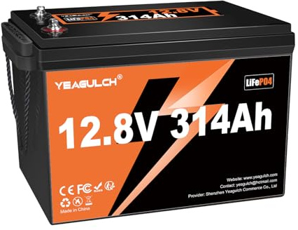 Yeagulch Batería de Litio LiFePO4 12.8V 300Ah (314Ah) con BMS 200A, 4019Wh, Más de 15000 Ciclos, para Sistemas Solares, Autocaravanas y Respaldo de Energía
