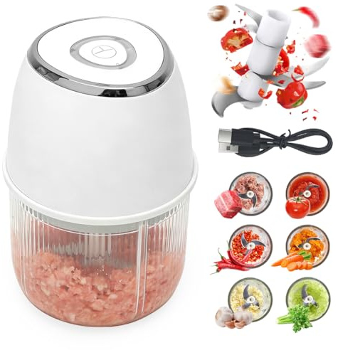 DASIAUTOEM Mini Zwiebel Zerkleinerer Küche Elektrisch, 350ML Elektrischer Küchenzerkleinerer, Kabelloser Zwiebelzerkleinerer mit USB-Anschluss für Zwiebeln, Obst, Nüsse, Fleisch, Knoblauch(Weiß)