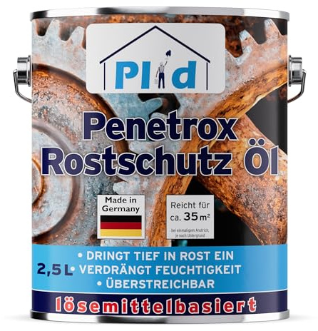 Plid Penetrox Huile antirouille [2,5 l] Protège les pièces métalliques contre la corrosion en intérieur et en extérieur – Peut être peint et arrête la rouille – À base de solvants – Idéal pour les