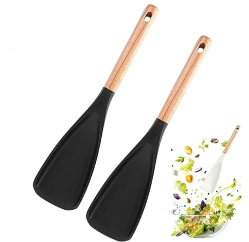 Set 2 leccapentole silicone resistenti al calore, spatola cucina flessibile con manico in legno ergonomico, marisa senza BPA, sicura per pentole antiaderenti, per mescolare e servire (31x7cm, nero)
