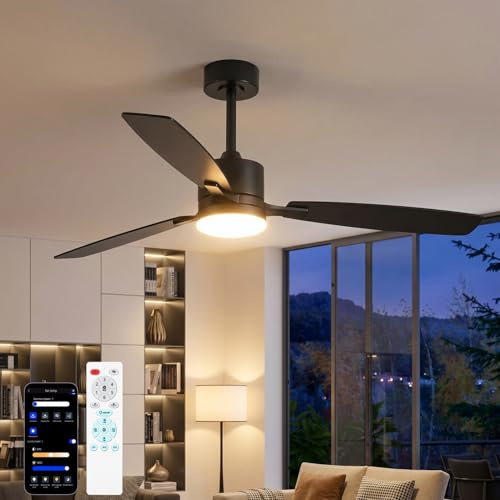 YUNLONG Ventilatore da Soffitto con Luce e Telecomando 132cm, Lampadario a Pale in Legno Double-Face, Motore DC Silenzioso, LED Dimmerabile/App, Reversibile Estate Inverno per Camera e Salotto, Nero