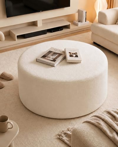 Soayone Weicher Pouf Couchtisch Rund Großer Pouf Tray für Wohnzimmer, Moderner Poufs Side Table, Teddy Poufs 70cm, Extra Großer Sitzhocker in Teddystoff, Höhe 40cm, Beige
