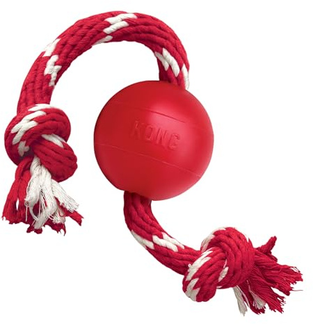 KONG Ball mit Seil, Für Kleine Hunde, Rot | Ball aus Naturkautschuk mit Wurfseil für einfaches Werfen, beißfest, für Tauziehen und Apportierspiele