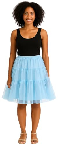 BellaSous Organza Petticoat Timeless Vintage Elegance Adults Classic Multi-Layered knee length Skirt Halloween and Dance Performances Stretchable Comfort Wear Light Blue, Large/Extra Large