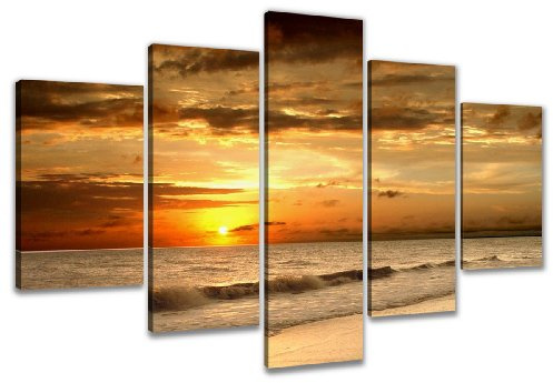 Visario Leinwandbild Strand Sonnenuntergang Meer 200 x 100 cm 5-teilig Direktdruck auf Leinwand mit Holzrahmen Wandbild Kunstdruck XXL Wanddeko für Wohnzimmer Schlafzimmer Artikelnr. 6302