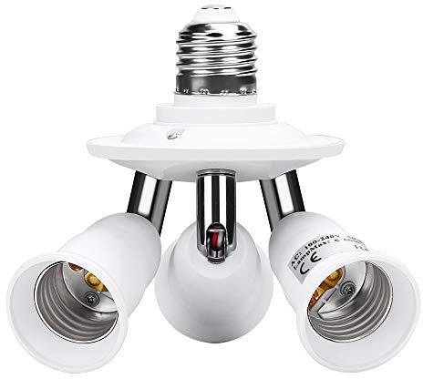 ELECTOP E26 E27 Adjustable Socket Splitter,3 in 1 Socket White Bulb Base Adapter Lamp Holder,360 Degree Rotating 180 Degree Bending