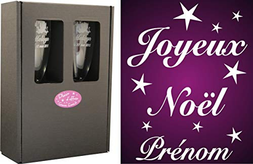Gravure Events 2 Flûtes à Champagne Gravées – Joyeux Noël + Prénom - Modèle Joyeux Noël Étoiles avec Coffret Cadeau - Cadeau de Noël personnalisé – Verre gravé – Coupe de Champagne personnalisée