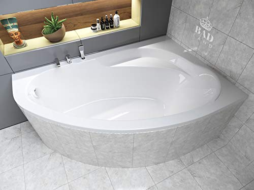 BADLAND Badewanne Original Weiß Acryl Wanne Eckbadewanne MAREA 150x100 Rechts KOMPLETTSET SET + Füßen und Exklusive Chrom Automatik Ablaufgarnitur Made in EU 3in1