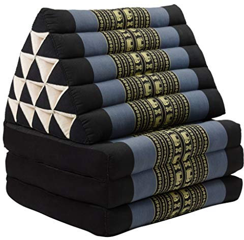Fine Asianliving Colchón Tailandés de 3 Pliegues con Cojín Triangular Plegable 54x180x6cm XL Negro Elefantes